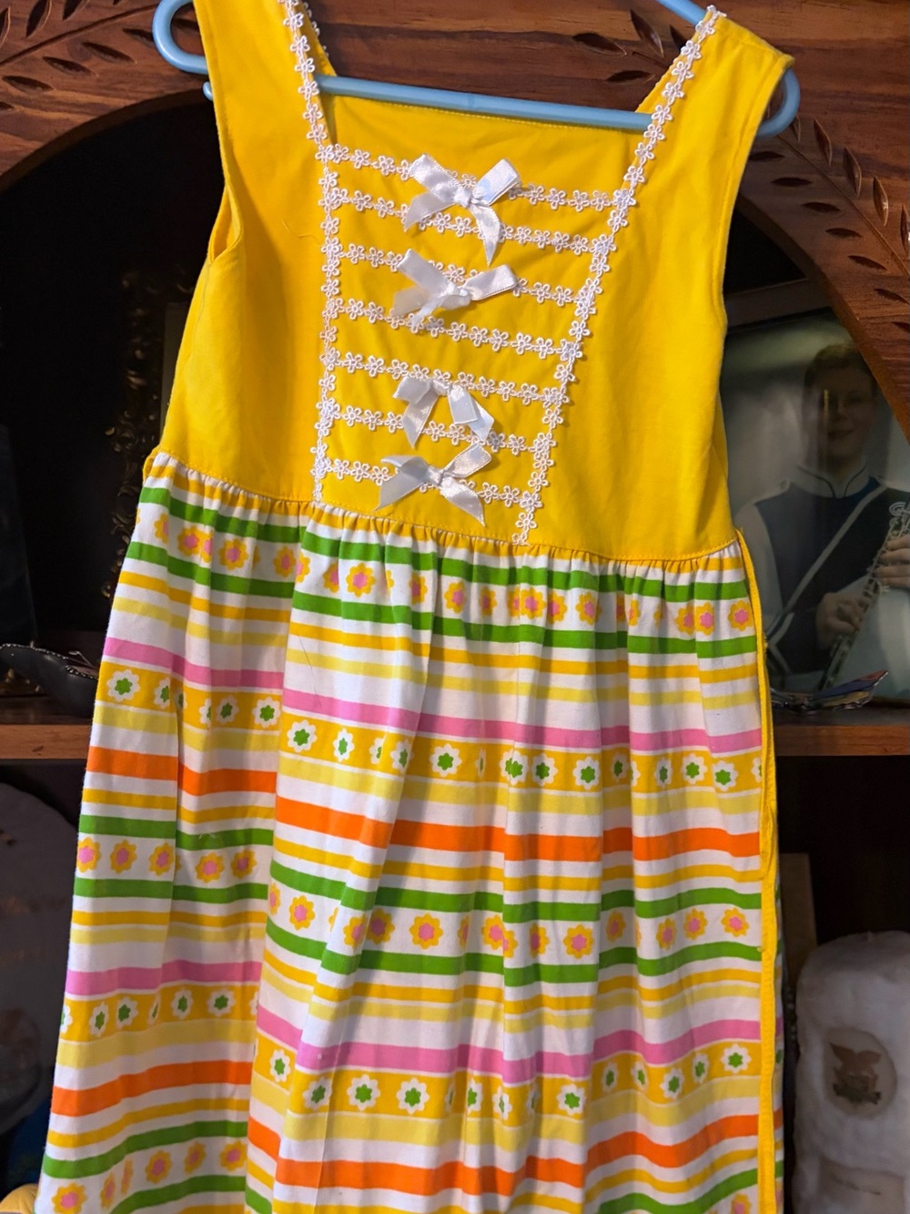 Yellow Striped Floral Kids Dress with Ribbon Detail